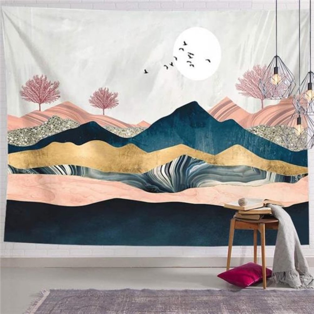 Nature Moon Mountain Wall Tapestry, Forest View Wall Hanging Home Decor Art